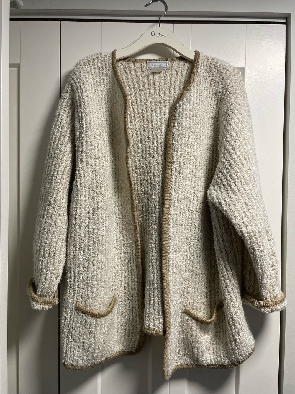 80s 90s Vintage Eaton Open Front Knit Boucle Cardigan Cream and Tan Size 44